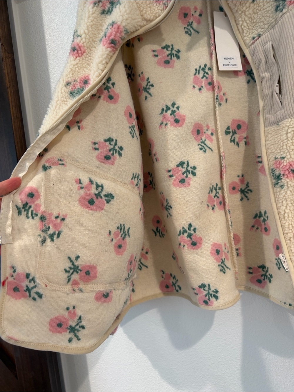 Cream Floral SherpaTeddy zip up with Pink Floral Print - Picture 9 of 12